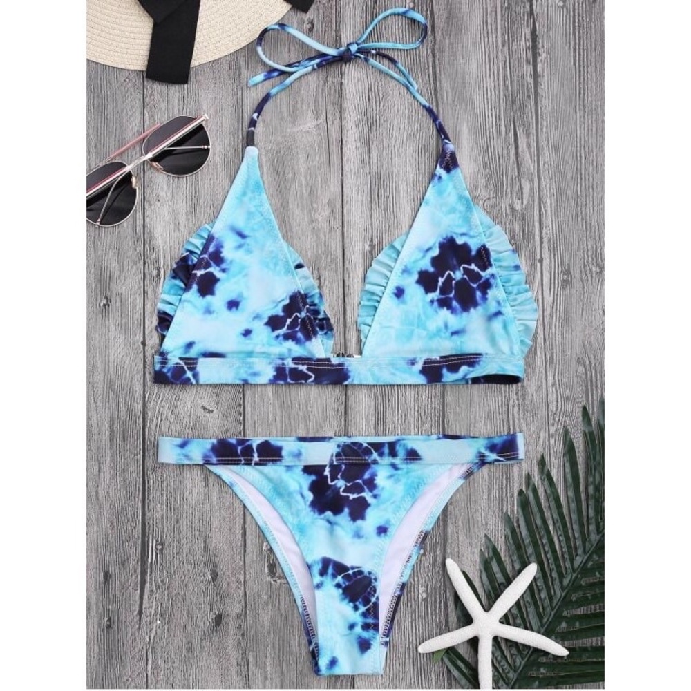 Zaful Blue tie-dye ruffle bikini set